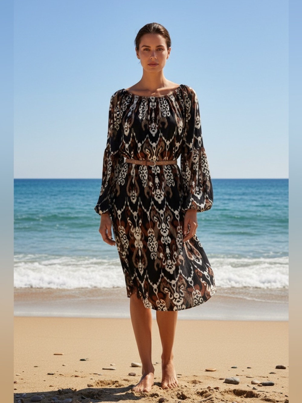 Dear Scarlett Chic Boho Inspired All Over Ikat Style Long Sleeve Patterned Dress - Picture 3 of 9